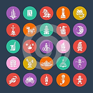 Set of fairy tales flat design magic icons and