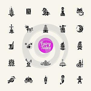 Set of fairy tales flat design magic icons and