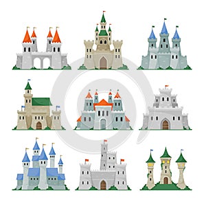Set of Fairytale Castles, Medieval Towers, Fantasy Palace Buildings in Fairyland Kingdom . Fabulous Historical Bastions