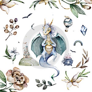 Set of fairytale Dragons. Hand drawn watercolor cute mythology cartoon isolated illustration on white background