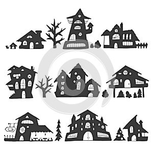 Set of fairytale houses with stylized various windows, trees and shrubs, cartoon style street silhouette. For stickers or interior