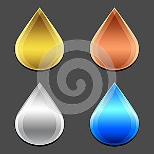 Set of falling drop logos. Graphic concept of company identity. Clean water, oil symbol and other liquid icons. Blue