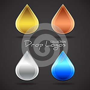 Set of falling drop logos. Vector graphic concept of company identity. Clean water, oil symbol and other liquid icons. Blue,