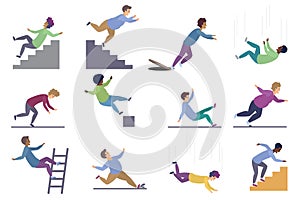 Set of falling male isolated. Falling from chair accident, falling down stairs, slipping, stumbling falling man vector photo
