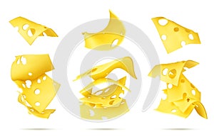 Set of falling slices of cheese on a white isolated background