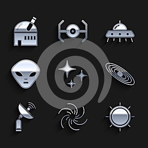 Set Falling star, Black hole, Sun, Planet, Radar, Alien, UFO flying spaceship and Astronomical observatory icon. Vector