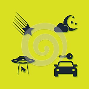 Set Falling star, Car rental, UFO abducts cow and Cloud with moon and stars icon. Vector