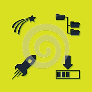 Set Falling star, Loading, Rocket ship with fire and Folder tree icon. Vector