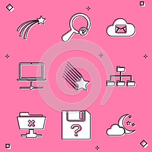 Set Falling star, Unknown search, Cloud mail server, Computer network, and Folder tree icon. Vector