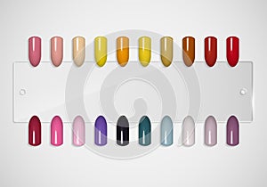 Set of false nails for manicure. Tips. Varnish color palette for nail extension. Artificial nails on transparent basis.