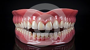 set of false teeth on black background