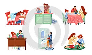 Set of families in everyday situations enjoying life vector illustration