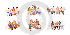 Set of families, friends and colleagues sitting at dining table and eating food together. People meeting at breakfast