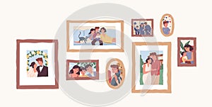 Set of family photo portraits in frames. Memorable pictures of happy parents and children at important moments and photo
