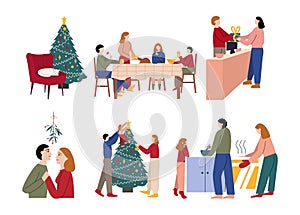 Set of family preparing and celebrating Christmas. Flat cartoon vector illustration