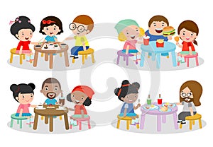 Set of Family sitting at dining table, family eating dinner, kids eating Fast Food, family eating sushi, family eating breakfast,