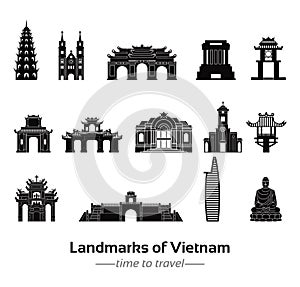 set of famous landmarks of Vietnam silhouette style with black and white classic color design