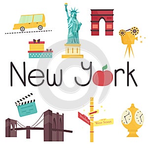 Set of famous New York attractions and symbols