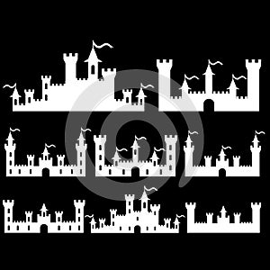 Set of Fantasy castles silhouettes for design. on black background. Vector