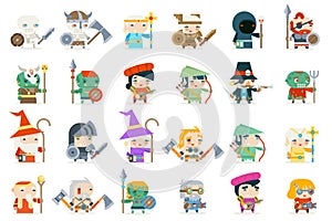 Set fantasy rpg game heroes villains minions character vector icons flat design vector illustration