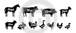 Set of farm animal silhouettes. Neigh, Moo, Oink, Bleat, Baa, Squeak, Gobble, Honk, Cock-a-doodle-doo, Cluck, Quack -