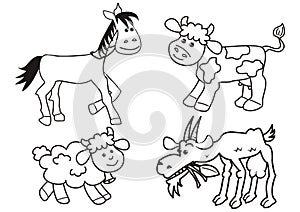 Set of farm animals, coloring page, vector icon