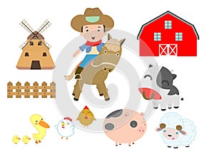 Set of farm animals and cowboy on white background, barn, cow, pig,chicken, duck,sheep,horse, ox,Vector Illustration.