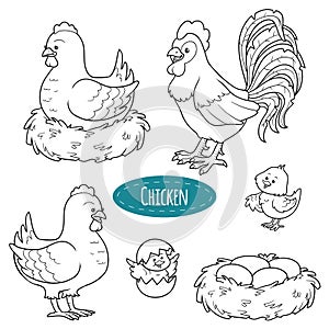 Set of farm animals and objects, vector family chicken