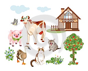 Set of farm animals and pets includes cow, cat, goose and pig. House, tree, flowers, cattle and butterfly are suitable for