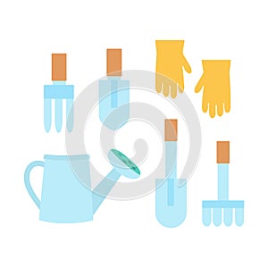 A set of farm and garden tools watering can, rake, shovels and gloves in cartoon style.