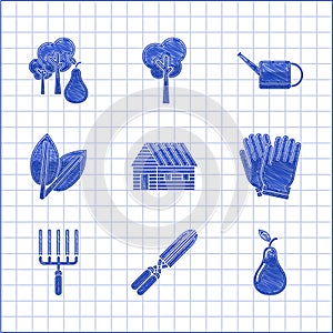 Set Farm house, Gardening handmade scissors for trimming, Pear, gloves, rake work, Leafs, Watering can and Tree with