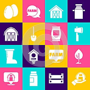 Set Farm house in hand, Tree, Wooden axe, Shovel, Chicken egg and Fertilizer bag icon. Vector