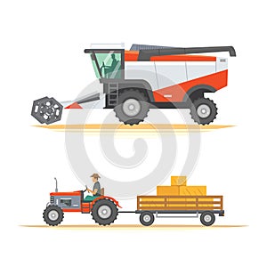 Set farm machinery. agricultural industrial equipment vehicles and farm machines. Tractors, harvesters, combines.