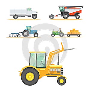 Set farm machinery. agricultural industrial equipment vehicles and farm machines. Tractors, harvesters, combines.