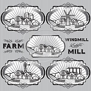 Set of farm, mill, windmill, rural landscape