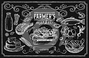 Set of farm products drawn in vector.