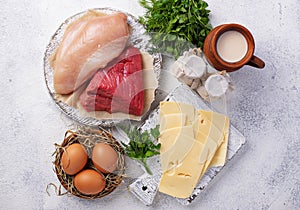 Set of farm products. Meat, eggs and milk