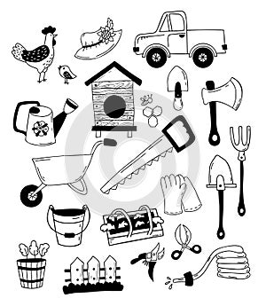 Set farm tools and agriculture. Truck, beehive, garden tools, shovel, wheelbarrow, saw, watering can, axe, rooster