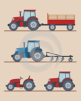 Set of farm tractors isolated on beige background.