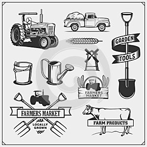 Set of farmer element. Farm tools, tractor, cow. Vector illustrations.