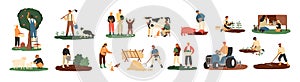 Set of farmers or agricultural workers planting crops, gathering harvest, collecting apples, feeding farm animals