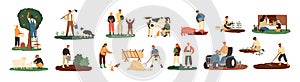 Set of farmers or agricultural workers planting crops, gathering harvest, collecting apples, feeding farm animals photo