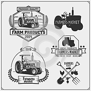 Set of farmers market emblems, logos and labels with tractor.