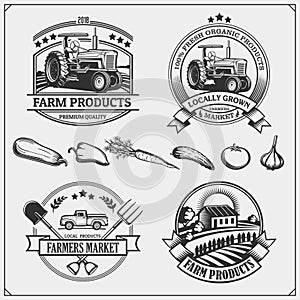 Set of farmers market emblems, logos and labels. Vector illustration.