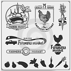 Set of farmers market emblems, logos and labels. Vector illustration.