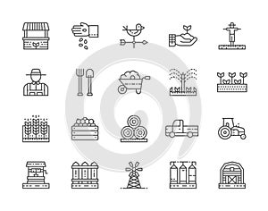 Set of Farming and Agriculture Line Icons. Farmer, Tractor, Millwheel and more.