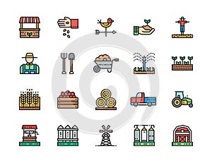 Set of Farming Flat Color Line Icons. Farmer, Tractor, Millwheel and more.