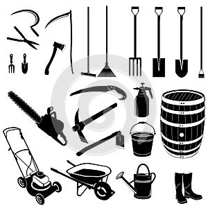 Set of farming and gardening tools silhouette