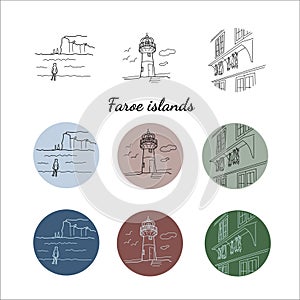 set of Faroe islands linear icons lighthouse, sea, dry fish photo