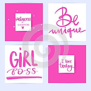 Set with fashion cards with inspiration quote about girls.